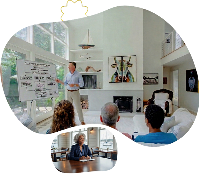 Executive session in a bright coastal-style room: presenter at a whiteboard with an AI housing authority plan flowchart, audience seated nearby